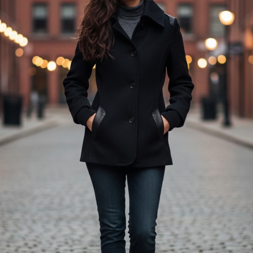 Rudsak Black Wool Coat/ peacoat/ jacket with Leeather Trim , Women Size M - Picture 16 of 16